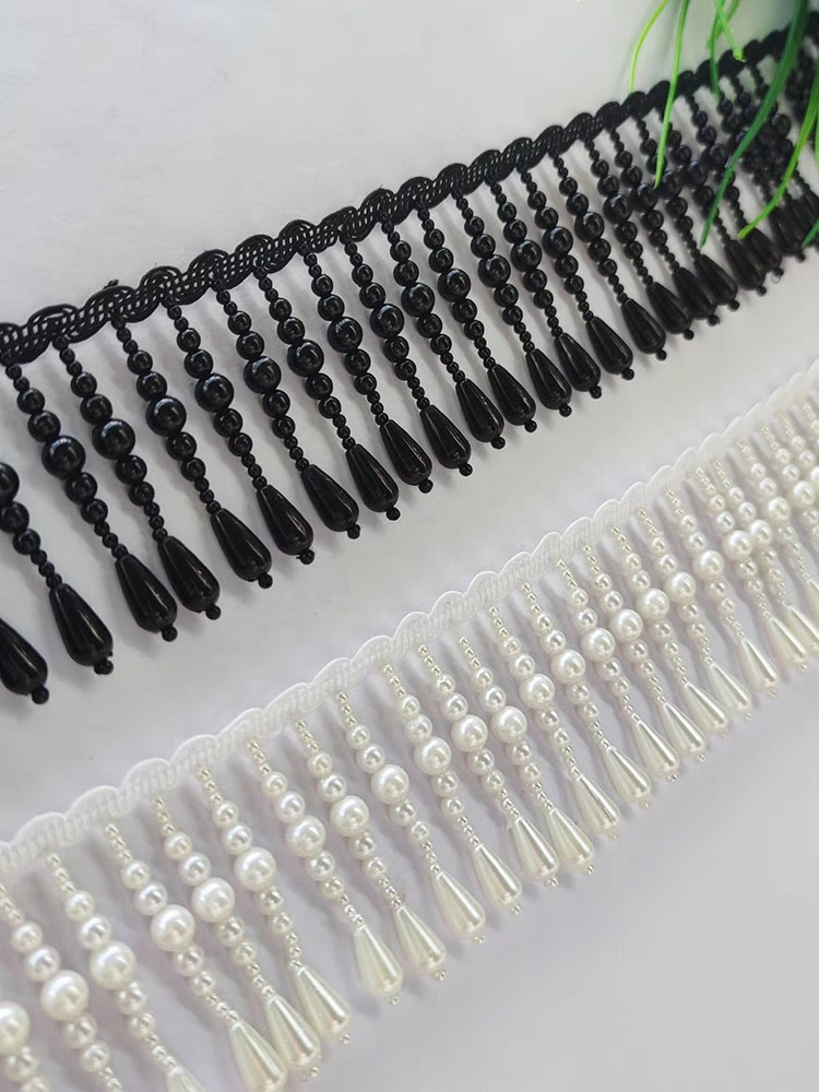 Home Fashion Textiles - 6.5cm Wide Pearl Beads Beaded Fringe,